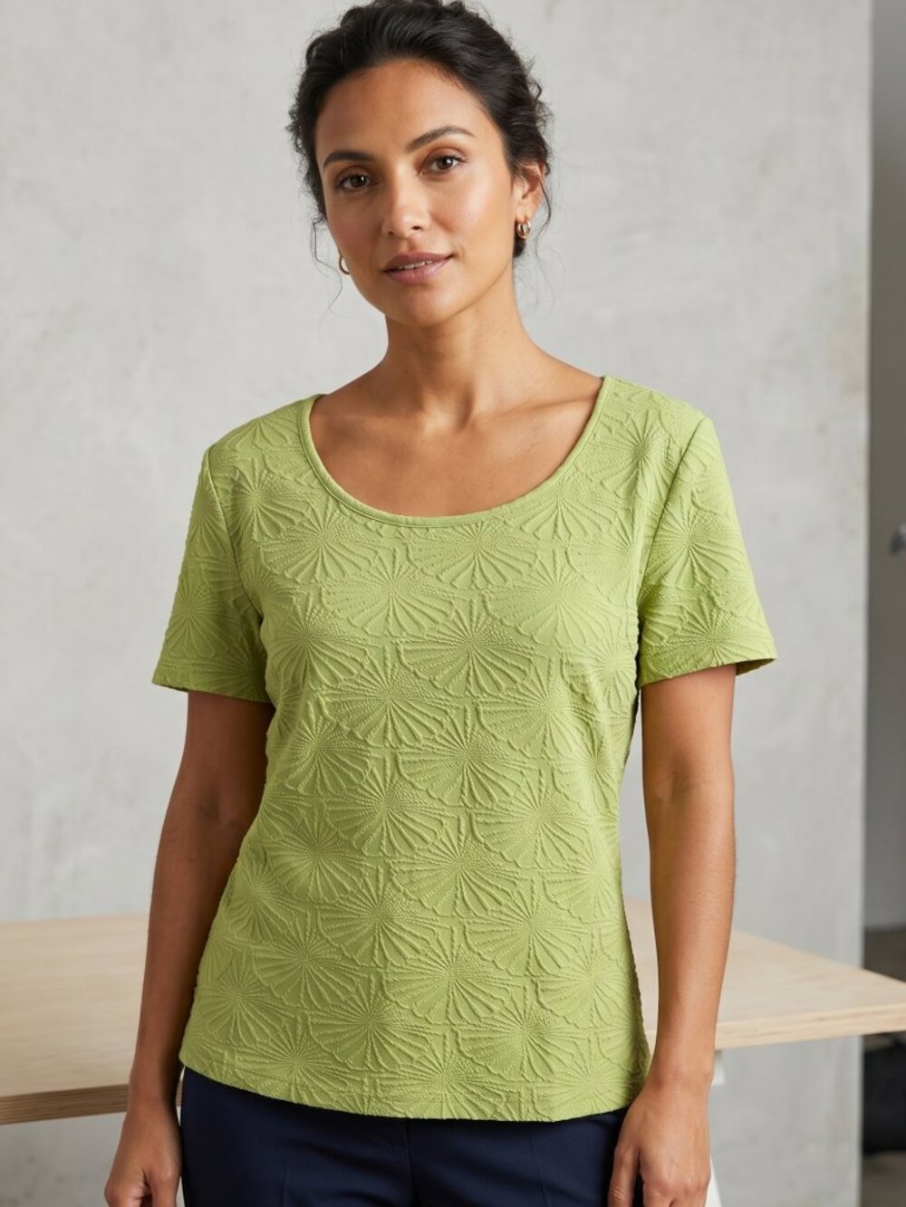 NWT | MIHOLL Textured Floral Short Sleeve Top | Chartreuse Green | XL